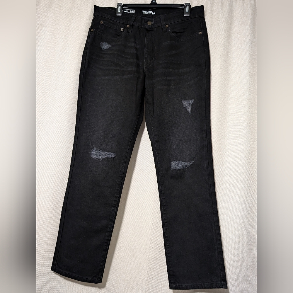 ☘️Sonoma Men's Black Distressed/Ripped Slim Fit Denim Jeans Size 34x30